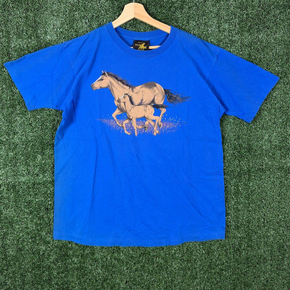 Pure Magic Men's Horse Foal Graphic T Shirt Vintage Size L Blue Cotton USA Made